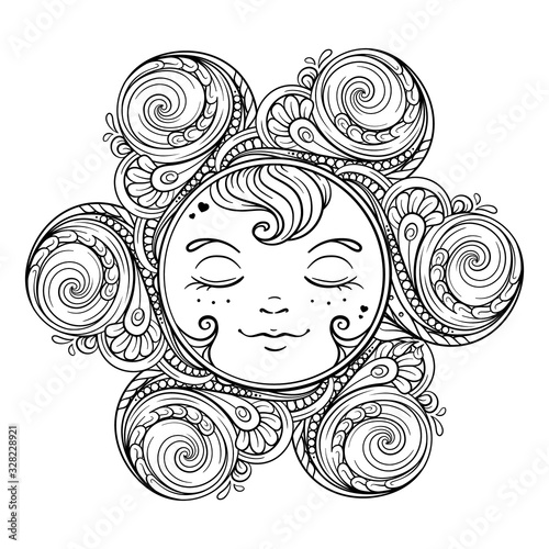 Ornamental sun antistress coloring page.