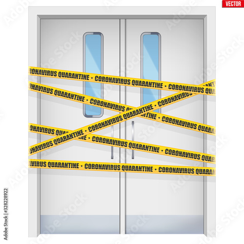 Hospital doors with warning yellow tapes. Element from medical hall. Emergency entrance with Epidemic barrage lines. Vector Illustration isolated on white background.
