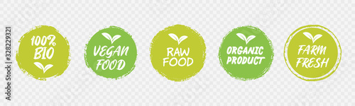 Vegan Healthy Ecology Bio Emblem Logo Design Lettering Badges with Fresh Green Leaves and Grunge Circles Icon Label Sticker Design