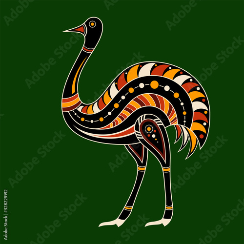 Ostrich. Aboriginal art style. Flat design. Vector color illustration isolated on green background.