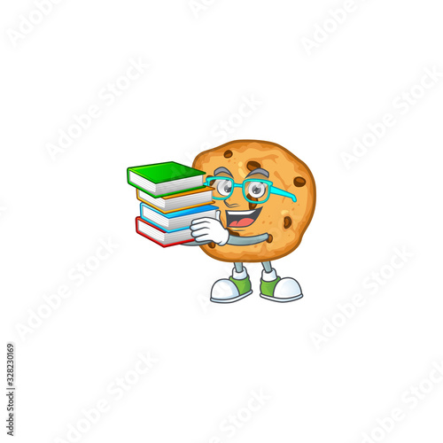 A brainy clever cartoon character of chocolate chips cookies studying with some books