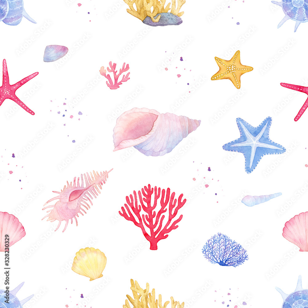 Watercolor seamless pattern with under the sea life objects - seashells and starfish, corals. Watercolor seamless pattern with under the sea life objects - seashells and starfish, corals.
