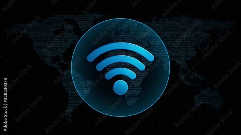 Wifi icon in global map with waves. Technology internet symbol in digital background. Loop video animation.	