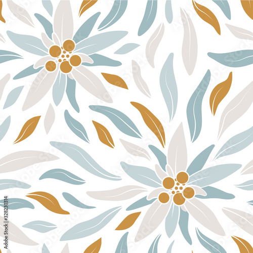 Edelweiss. Seamless pattern in pastel colors with edelweiss flowers on a white background. Stock vector illustration.