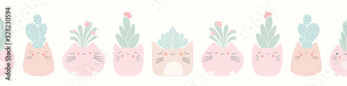 Kawaii cat plant pots with succulents seamless banner background. Cute vector border pattern design.