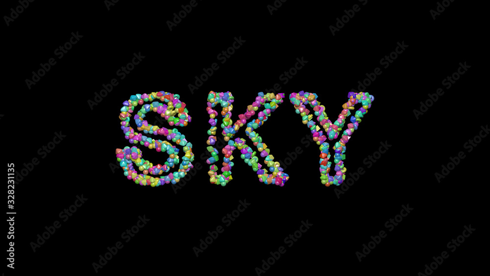 Colorful 3D writting of SKY text with small objects over a dark background and matching shadow