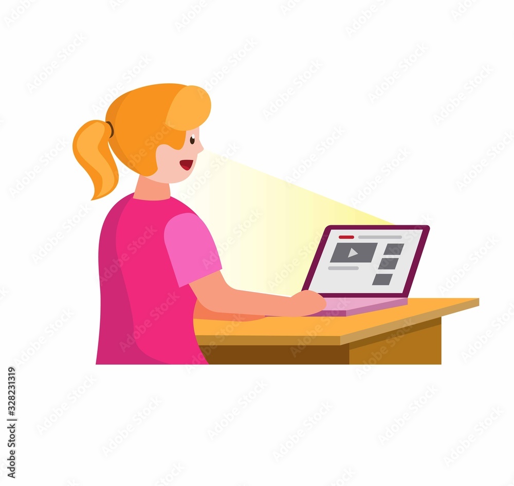 girl watching video streaming from internet using laptop in cartoon flat illustration vector girl watching video streaming from internet using laptop in cartoon flat illustration vector