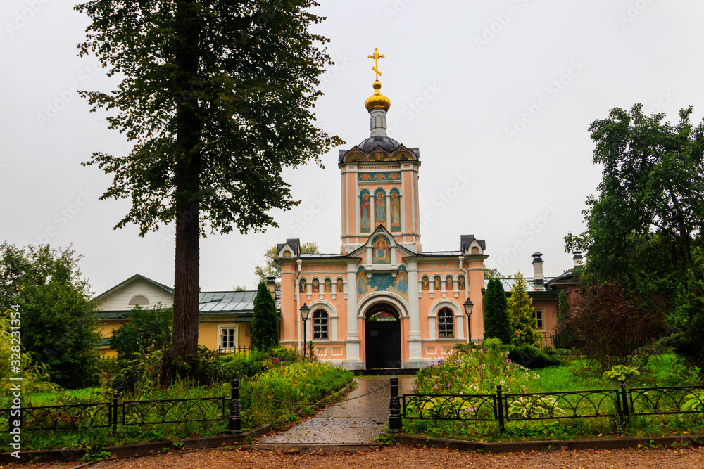 Gate Church of St. John Baptist Skete of Optina Monastery. Optina Pustyn (literally Opta's hermitage) is an Eastern Orthodox monastery near Kozelsk in Russia