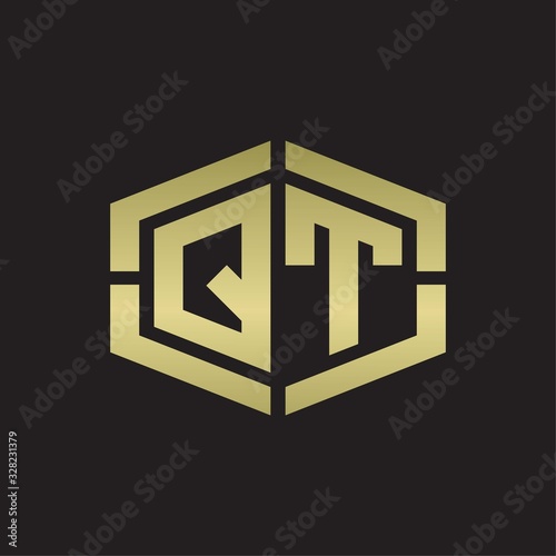 QT Logo monogram with hexagon shape and piece line rounded design tamplate on gold colors