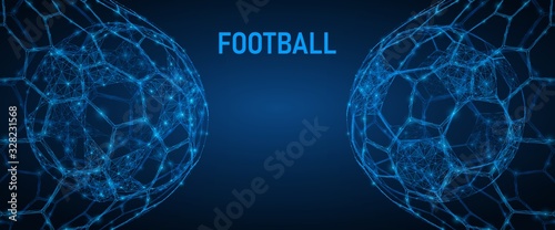 Soccer ball in the goal net. Sports equipment. Low-poly 3D vector illustration.