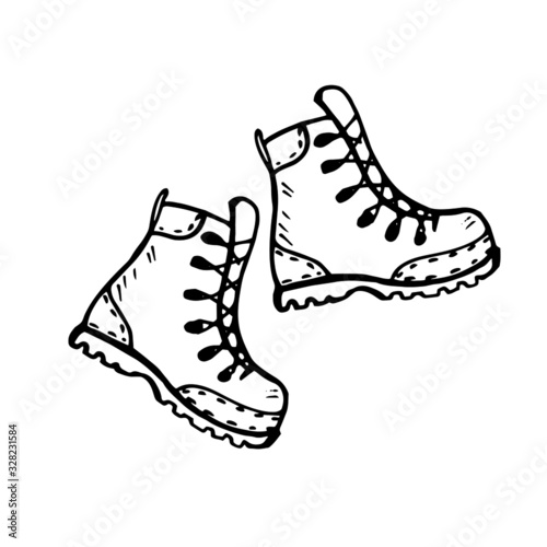 Hiking boots hand drawn outline on white background. Vector stock illustration.