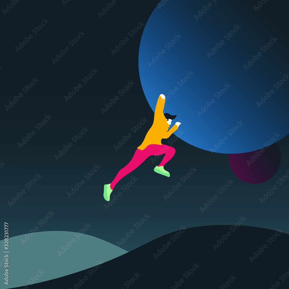Man jumping alone under the moon illustration