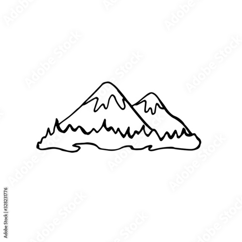 Mountains contour hand drawing on a white background. Vector stock illustration.