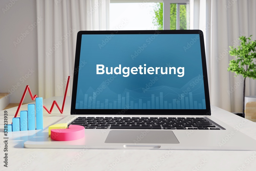 Obraz premium Budgetierung – Business/Statistik. Laptop im Büro mit Begriff auf dem Monitor. Finanzen, Wirtschaft, Analyse