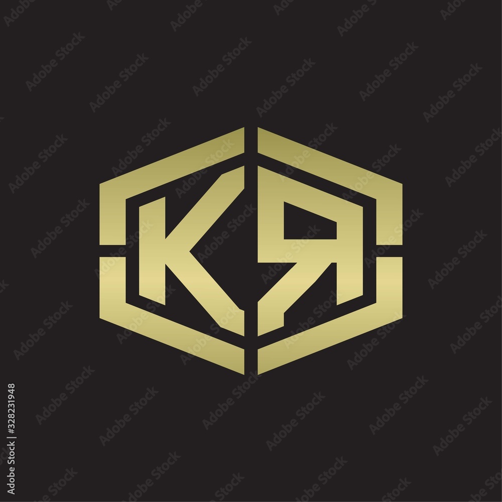 KR Logo monogram with hexagon shape and piece line rounded design tamplate on gold colors KR Logo monogram with hexagon shape and piece line rounded design tamplate on gold colors