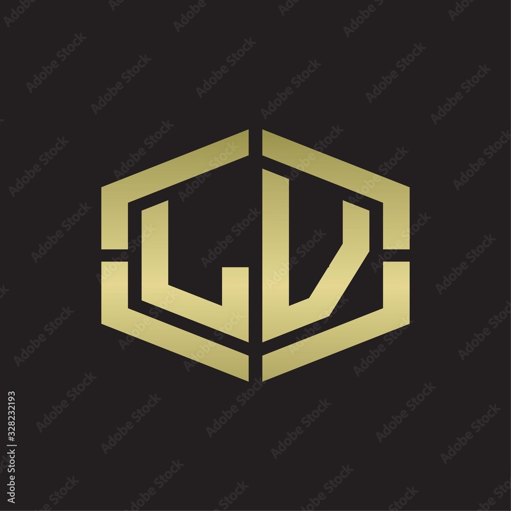 LV Logo monogram with hexagon shape and piece line rounded design tamplate on gold colors LV Logo monogram with hexagon shape and piece line rounded design tamplate on gold colors