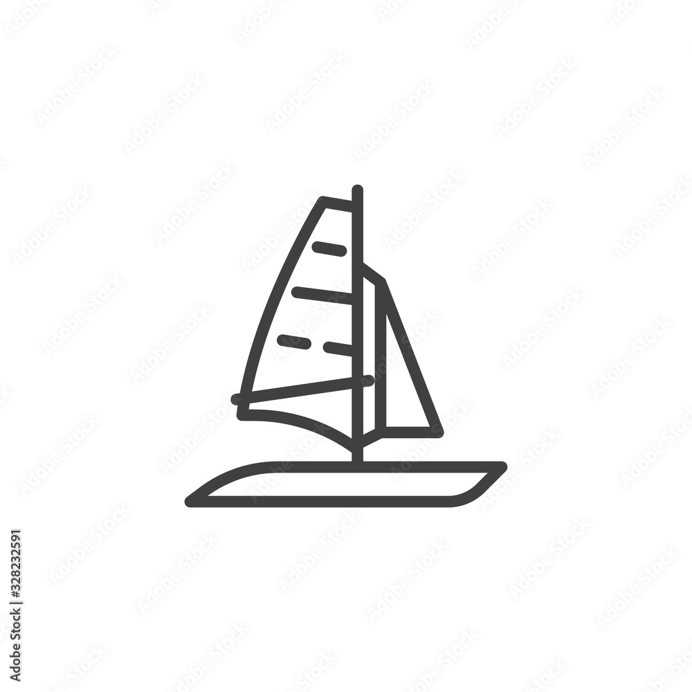 Windsurfing line icon. linear style sign for mobile concept and web design. Sailing windsurfing outline vector icon. Symbol, logo illustration. Vector graphics Windsurfing line icon. linear style sign for mobile concept and web design. Sailing windsurfing outline vector icon. Symbol, logo illustration. Vector graphics