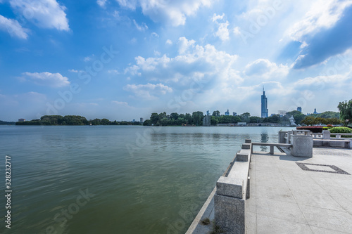 modern nanjing city skyline with the beautiful lake