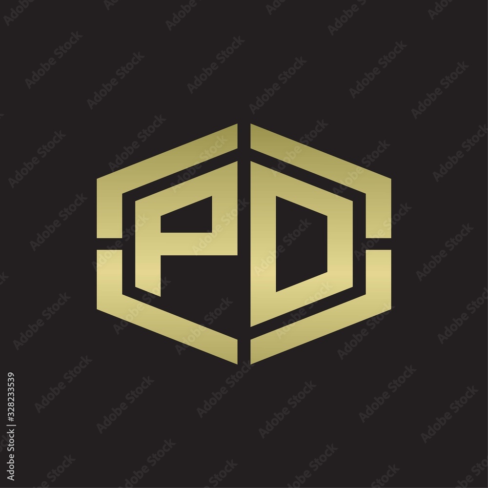 PD Logo monogram with hexagon shape and piece line rounded design tamplate on gold colors PD Logo monogram with hexagon shape and piece line rounded design tamplate on gold colors