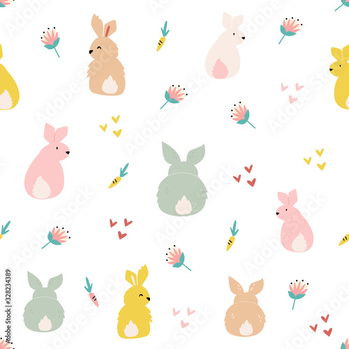 Easter seamless pattern with cute smiling rabbits