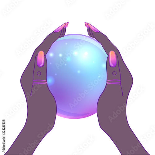 Female hands holding Magic Crystal Ball isolated on white. African American p...