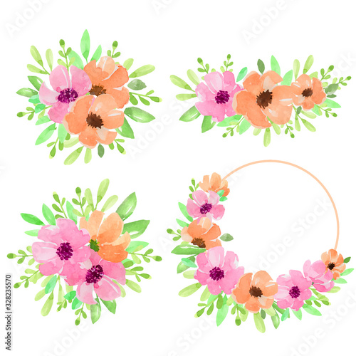 Fototapeta Naklejka Na Ścianę i Meble -  Invitation. Wedding or birthday card. Floral frame. Set of watercolor bouquets with pink and orange flowers, leaves. Vector illustration isolated on white background.