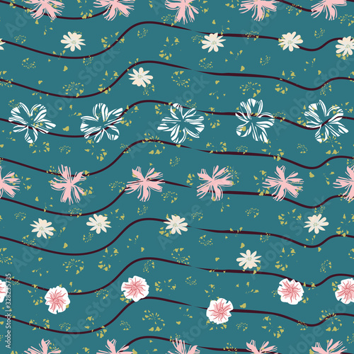 Wallpaper Mural Rows of flowers floating on dark teal striped water seamless vector pattern. Striped surface print design. Great for summertime, wellness and spa. Torontodigital.ca