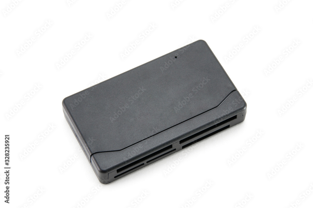 The adapter, the card reader is rectangular, black for all types of flash cards and storage devices. For transferring data from CF, mini cd, micro cd, ms duo media. On a white isolated background The adapter, the card reader is rectangular, black for all types of flash cards and storage devices. For transferring data from CF, mini cd, micro cd, ms duo media. On a white isolated background