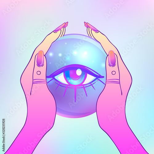 Female hand holding Magic Crystal Ball isolated on white. Creepy cute vector ...