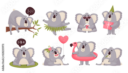 Set of Koala character in cartoon style on a white background