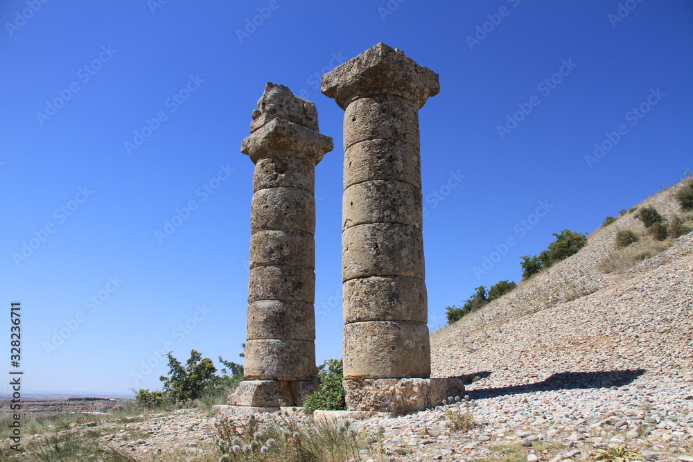 sculptures of lions and bulls in the column on the eastern Adiyaman Turkey Karakus tumulus ... Commagene kingdom