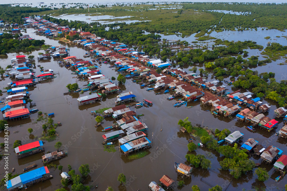 Flooded village and forest, Kompong Phluk, Tonle Sap, Siem Reap, Cambodia.