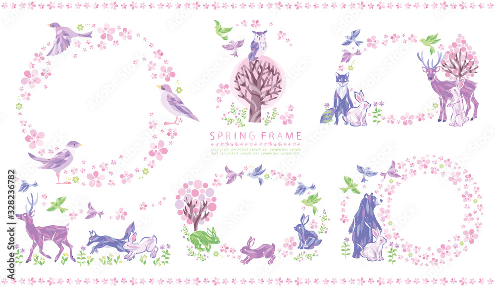 Fototapeta premium 春 桜 動物 フレーム セット