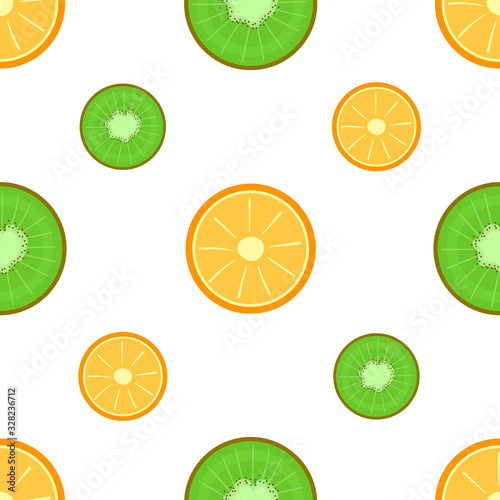 Seamless pattern with the image of slices of kiwi and orange. Flat vector illustration isolated on white background.