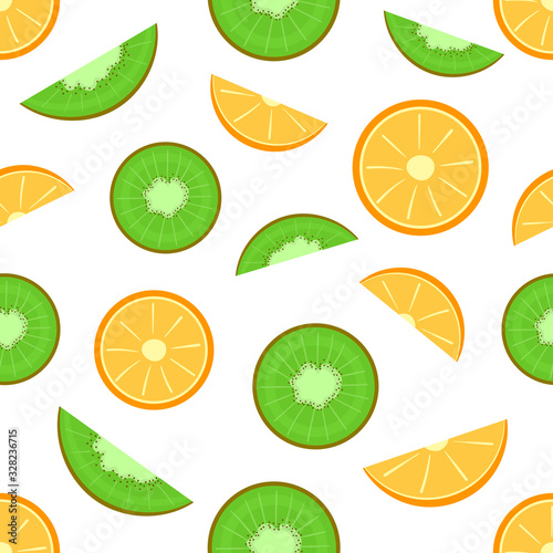 Seamless pattern with the image of slices of kiwi and orange. Flat vector illustration isolated on white background.