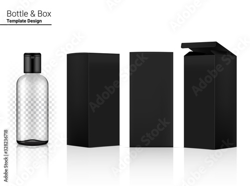 Black Bottle Transparent Mock up Realistic Cosmetic and Box for Skincare Product or medicine on White Background Illustration. Health Care and Medical Concept Design.