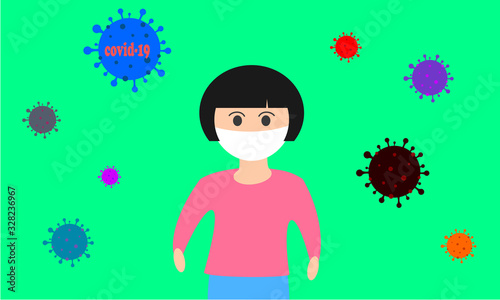 Girl in pink long sleeved shirt wear protection mask standing among corona virus, covid-19.