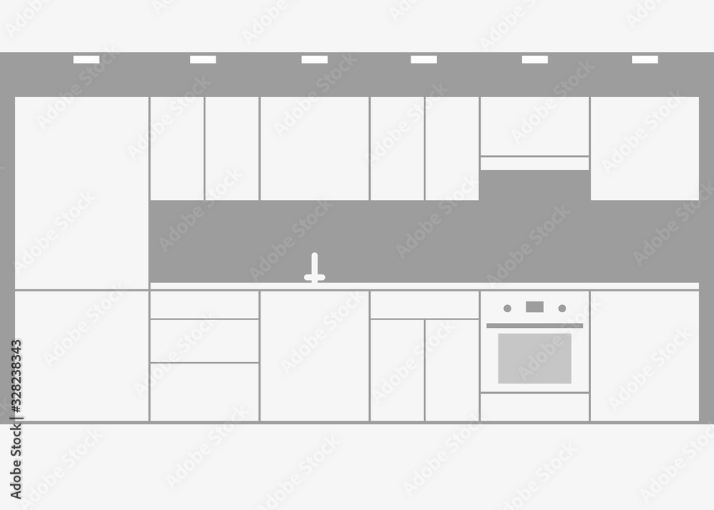 Interior of white modular kitchen in minimalist style. Monochrome kitchen, storage and cooking area. Vector illustration Interior of white modular kitchen in minimalist style. Monochrome kitchen, storage and cooking area. Vector illustration