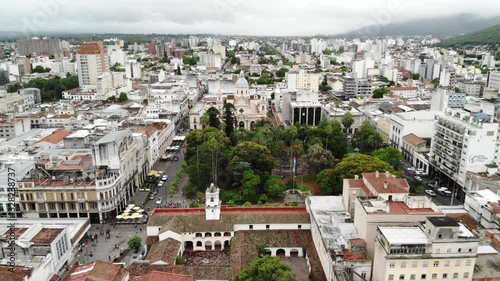 Aerial view of Plaza 9 de Julio and the Cathedral of Salta, Argentina.