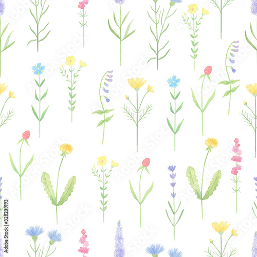 Wildflowers watercolor seamless pattern on white background. Hand drawn wild flowers background. Perfect for summer fabric, textile, covers. Vintage botanical pattern. Retro flowers.  © Tanya Trink