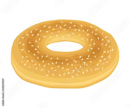 Bagel Bun with Sesame Isolated on White Background Vector Item.