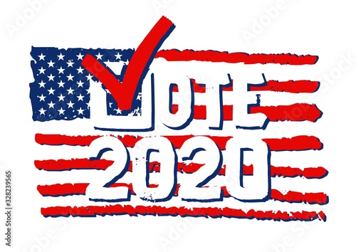 Check mark Vote 2020. US American presidential election 2020. Hand drawn lettering isolated.Vote word with check mark symbol.American flag