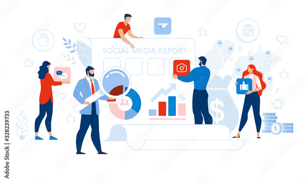 Social Media Report Management and Optimization. Tiny People Auditor, Analytics, Accountant Team with Tool for Checkup, Network Icon. Statistic Result in Chart Graph on Computer Monitor Illustration