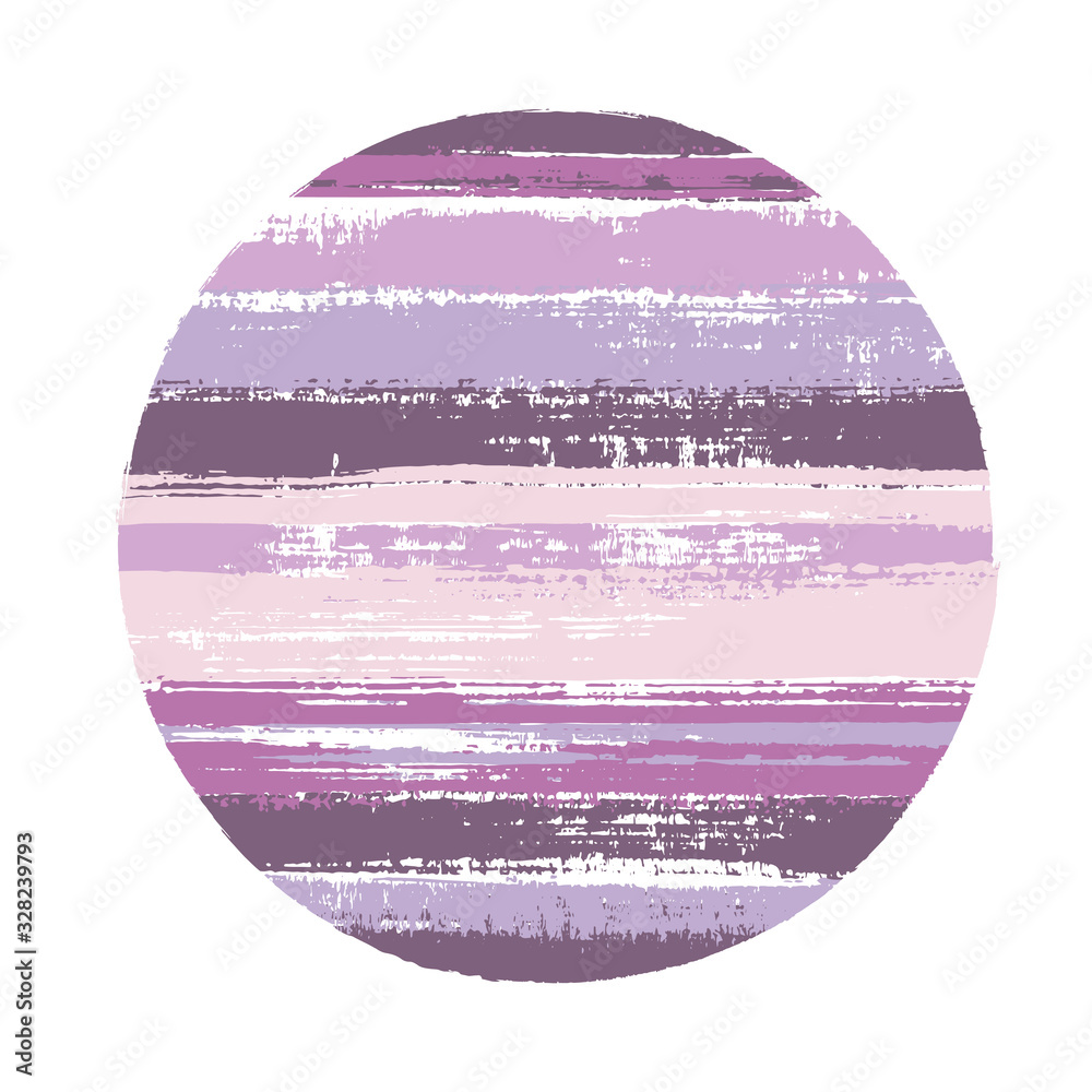 Abstract circle vector geometric shape with stripes texture of ink horizontal lines. Disk banner with old paint texture. Label round shape logotype circle with grunge stripes background.