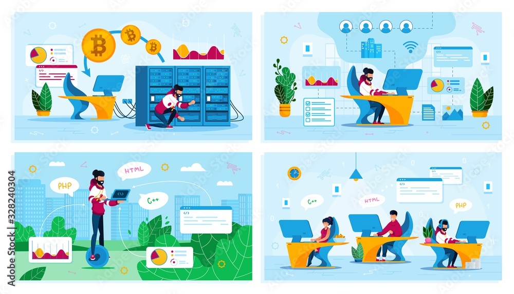 Online Business, IT Startup Personnel, Bitcoin Trading Trendy Flat Vector Concepts Set. Network Administrator in Office, Mining Farm Owner, Web Developers Team, Hipster Rides Unicycle Illustration Online Business, IT Startup Personnel, Bitcoin Trading Trendy Flat Vector Concepts Set. Network Administrator in Office, Mining Farm Owner, Web Developers Team, Hipster Rides Unicycle Illustration