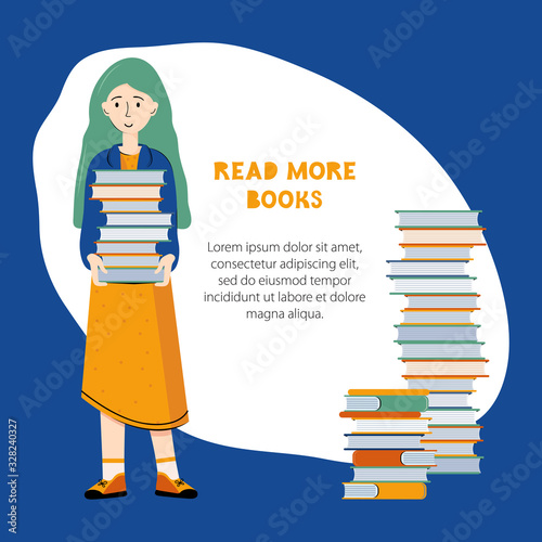 Literary fan. Smart girl holds a large stack of books in her hands. Funny girl student in the library. Lover of literature. Template for the banner. Space for your text. Hand drawn vector illustration