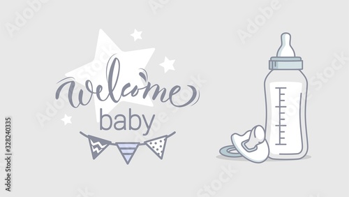 Baby Shower Blue Background. Baby Arrival Cartoon Vector Illustration