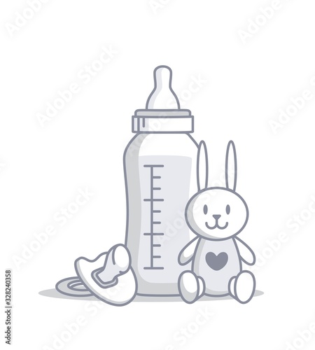 Baby Milk Bottle, Pacifier and Baby`s Toy Bunny on White Background. Cartoon Vector Illustration