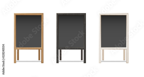 Set of Empty blank Chalkboard mockup template. Street advertising outdoor menu blackboard. White and black wooden frame stand. Realistic vector Menu Boards