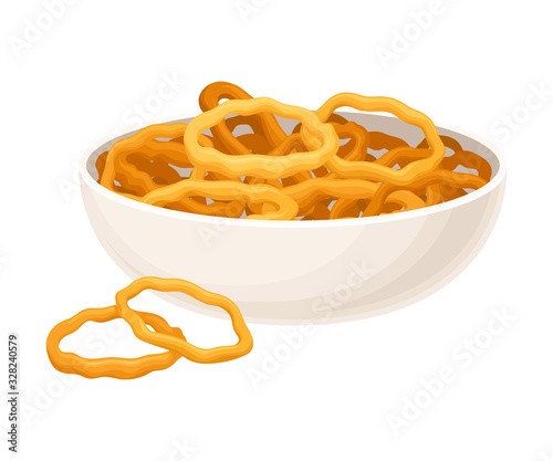 Crunchy Deep Fried Onion Rings in Ceramic Bowl Vector Illustration